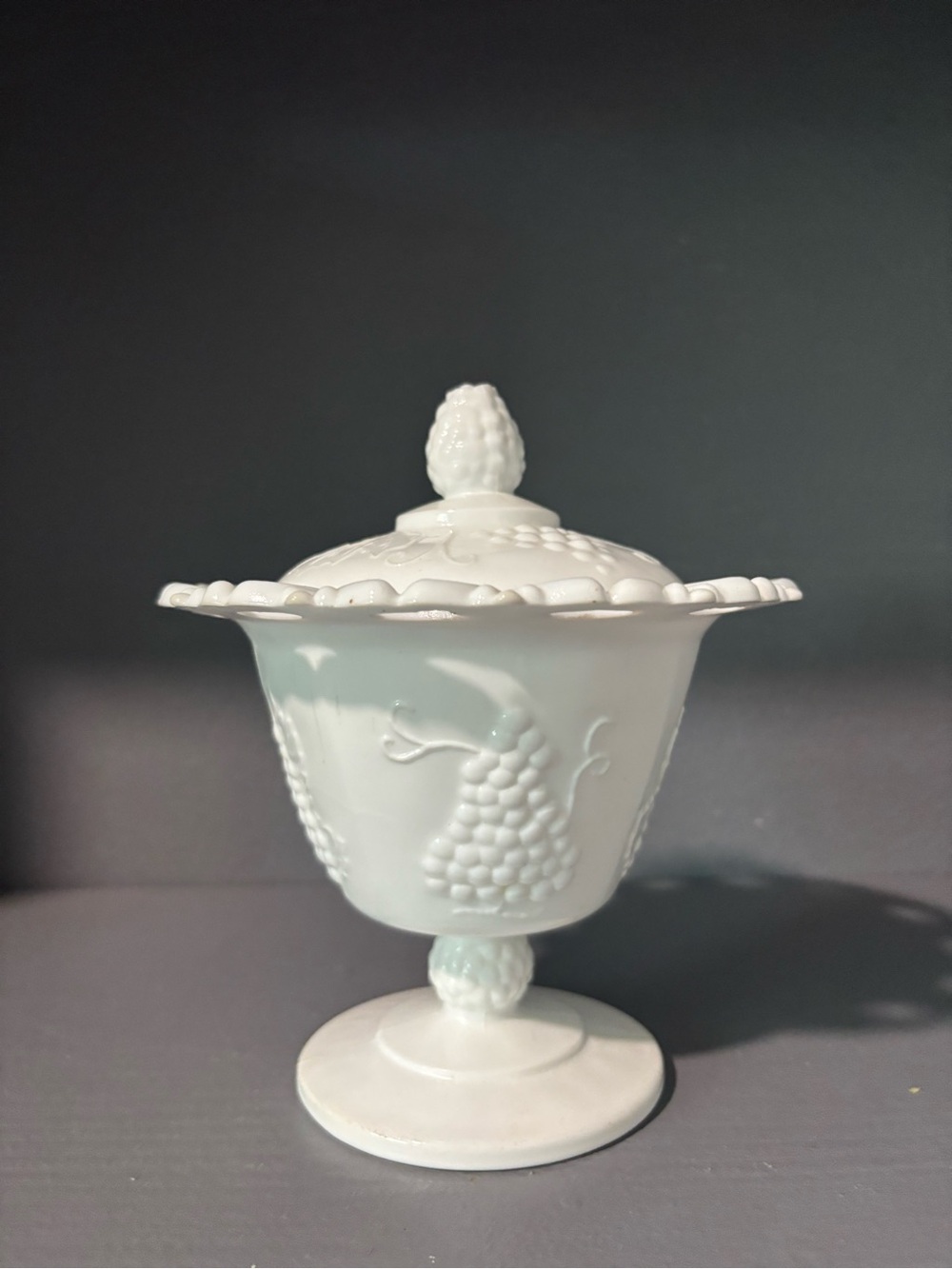 White Milk Glass Covered Compote with Grape Relief